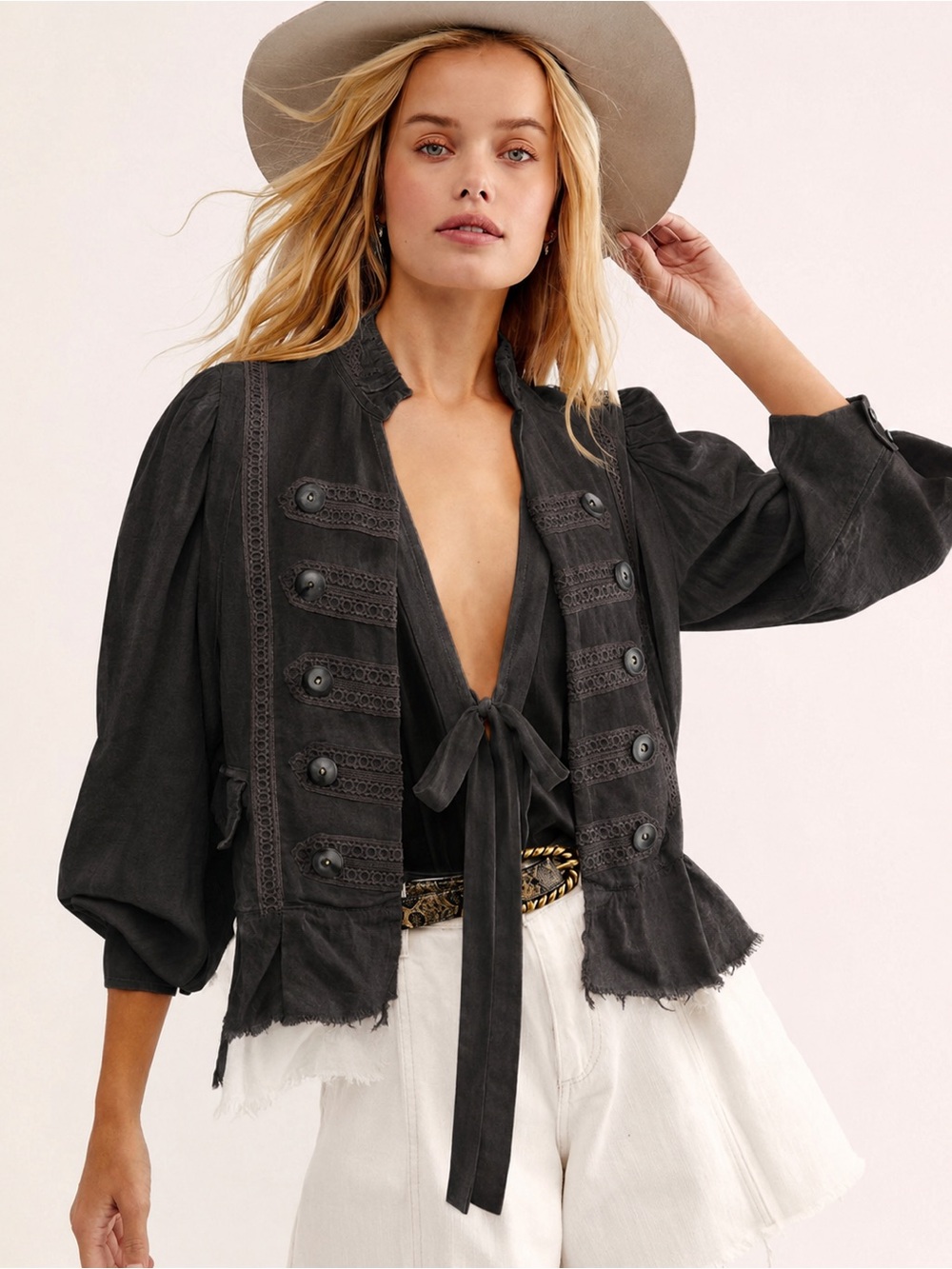 Free People Ariana Washed Black Linen Jacket M NWOT